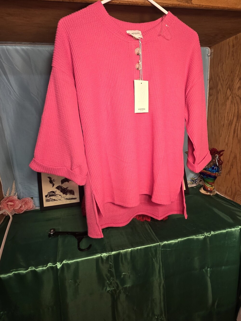 Andree Vibrant Hot Pink Waffle-Knit Three-Button Crewneck Top